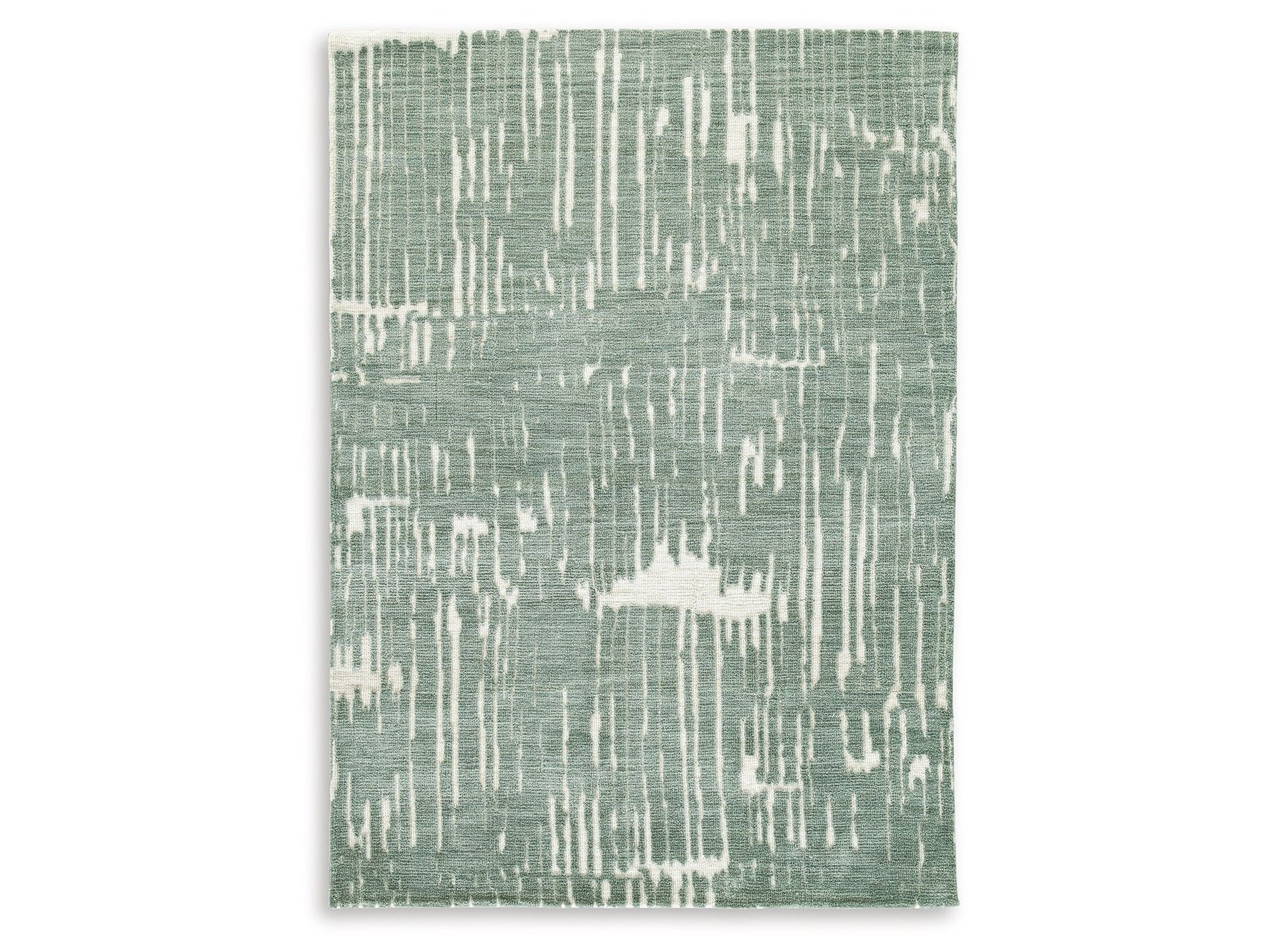 Textured green and white patterned rug on a plain background