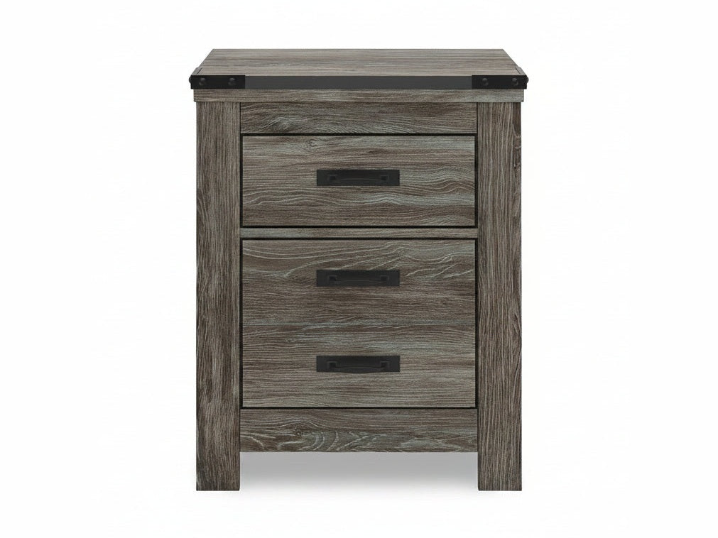 Wooden nightstand with two drawers and metal handles on a white background