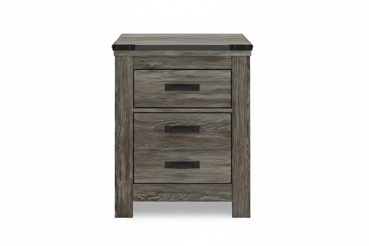 Wooden nightstand with two drawers and metal handles on a white background