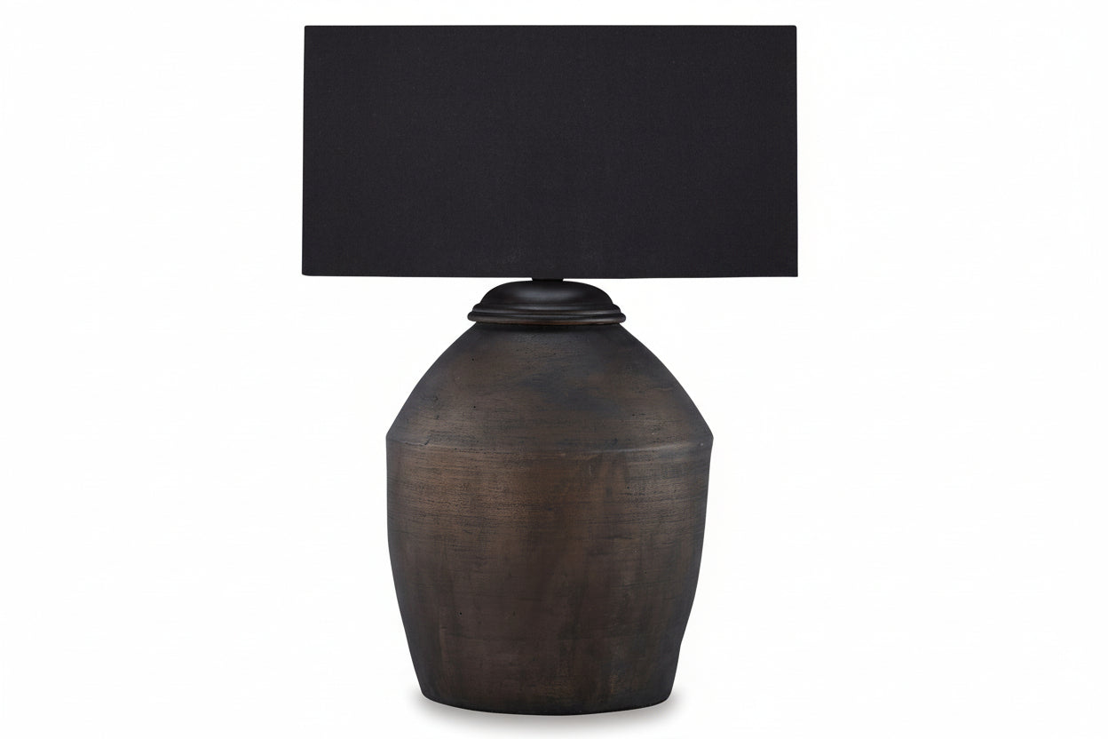 Naareman table lamp with a dark brown ceramic base and a black rectangular shade on a white background.