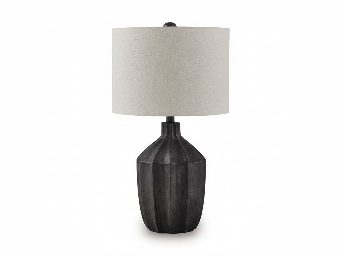 Jilton table lamp with a dark textured base and white lampshade on a white background.