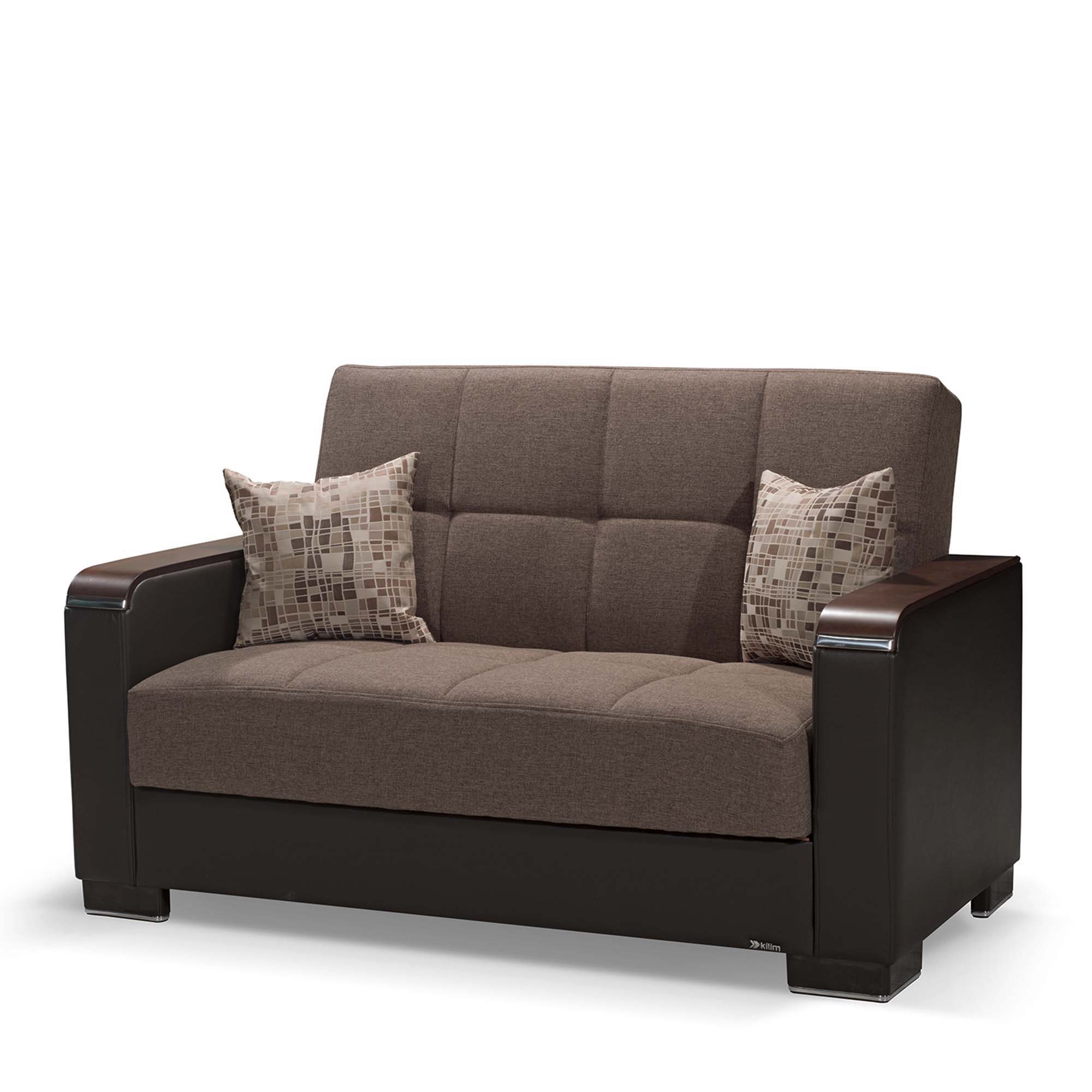 Ottomanson Armada X - Upholstered Convertible Wood Trimmed Loveseat With Storage - Brown PU Polyester