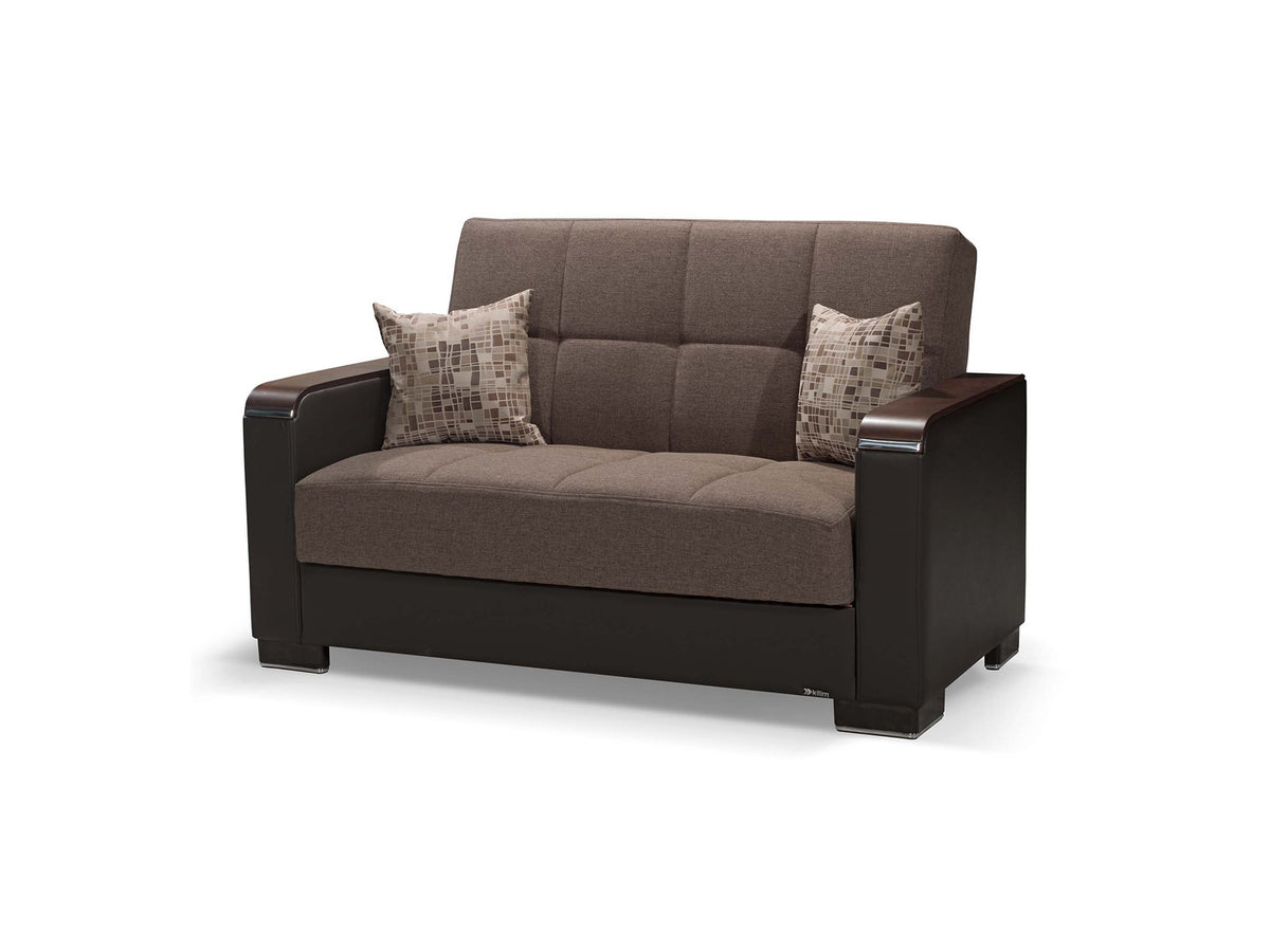 Ottomanson Armada X - Upholstered Convertible Wood Trimmed Loveseat With Storage - Brown PU Polyester
