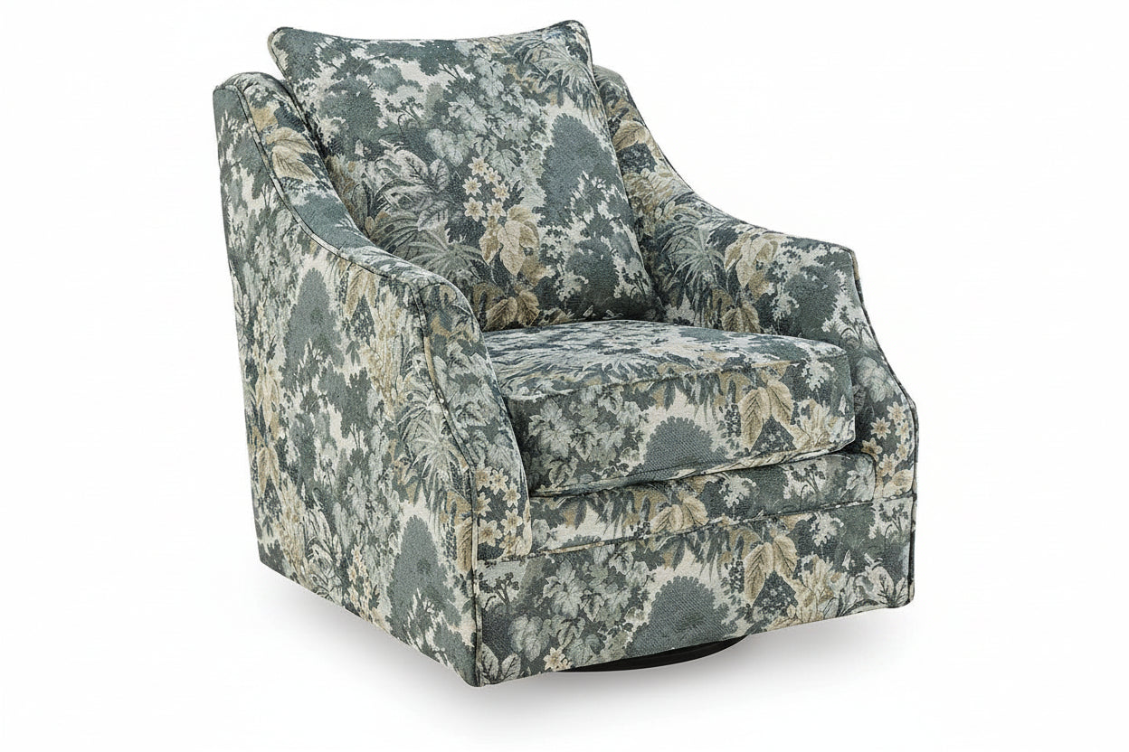 An upholstered swivel armchair with a botanical floral pattern in muted green, beige, and gray tones, shown on a white background.