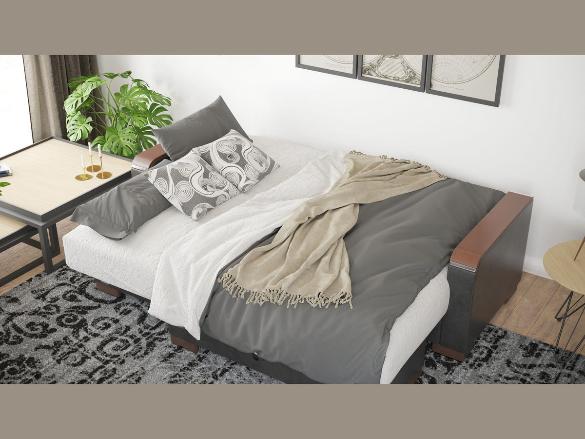 Ottomanson Armada X - Upholstered Convertible Wood Trimmed Chaise Lounge With Storage - Gray/Black PU Polyester