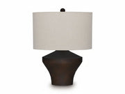 The Dolanham table lamp with a dark brown base and beige lampshade on a white background.