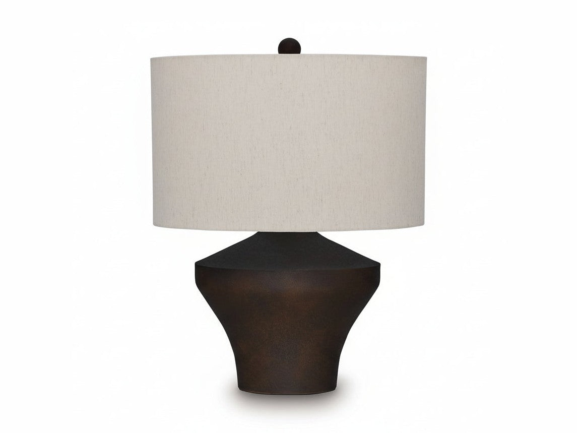 The Dolanham table lamp with a dark brown base and beige lampshade on a white background.