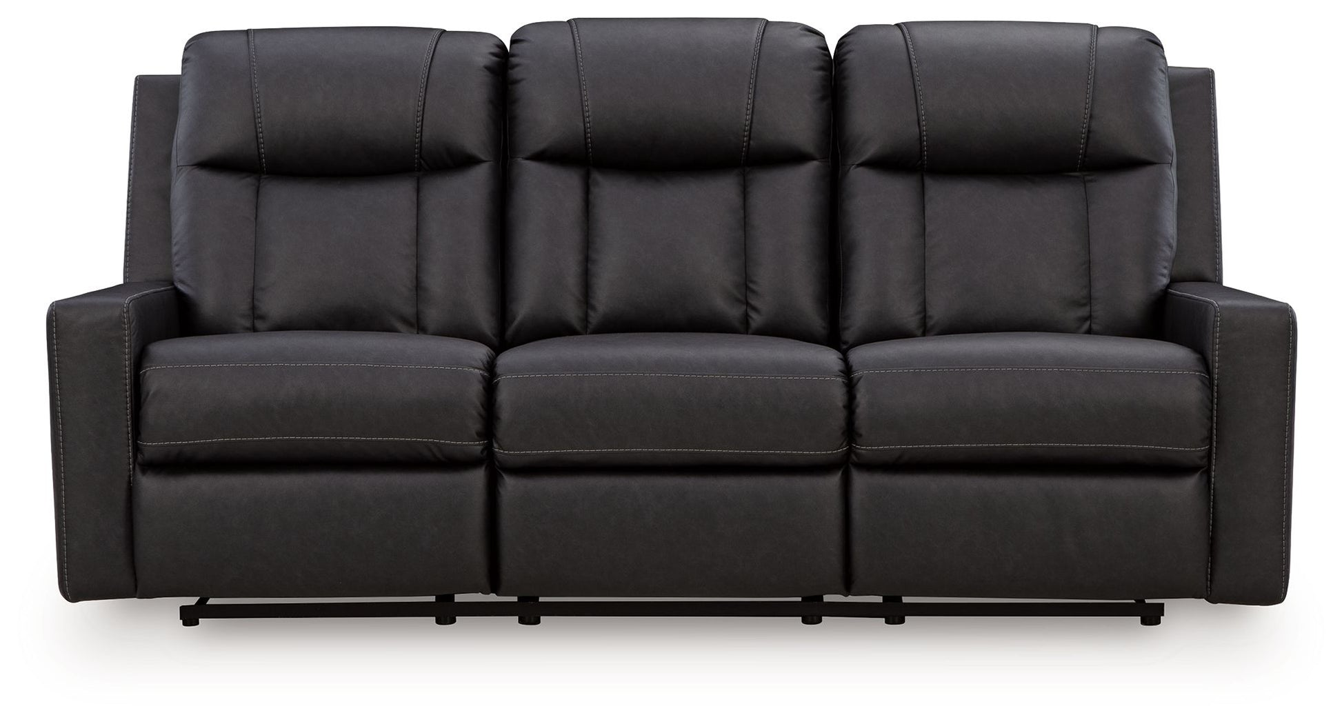 Mackmenville black leather sofa with reclining feature on a white background.