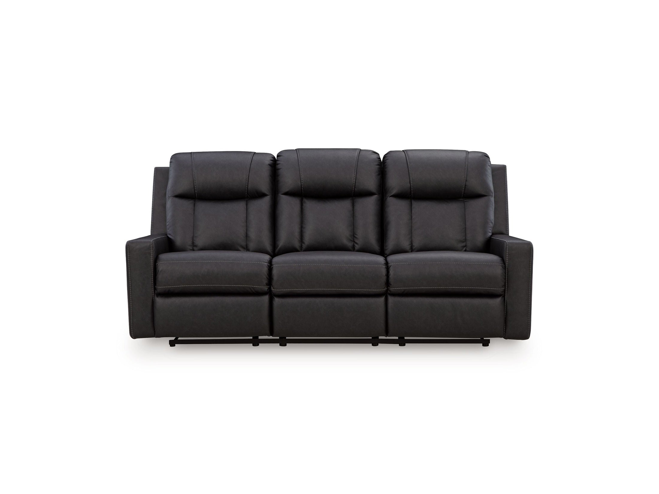Mackmenville black leather sofa with reclining feature on a white background.
