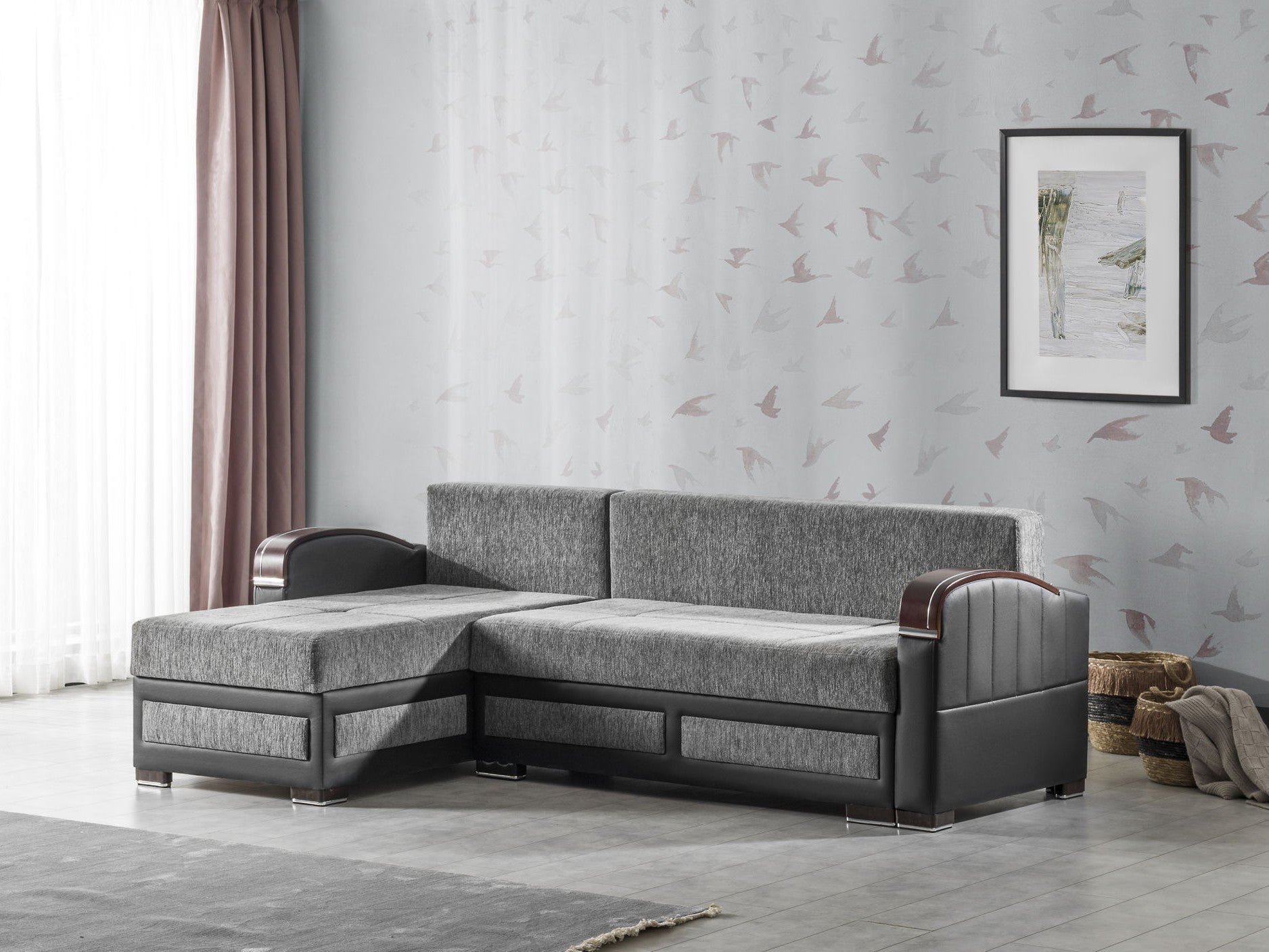 Ottomanson Maya - Upholstered Convertible Sectional with Storage - Gray