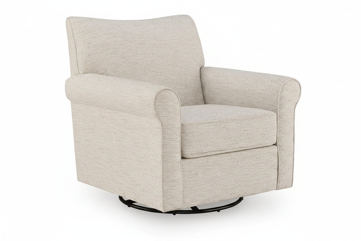 A light beige textured fabric swivel armchair with a black circular swivel base, shown on a plain white background.