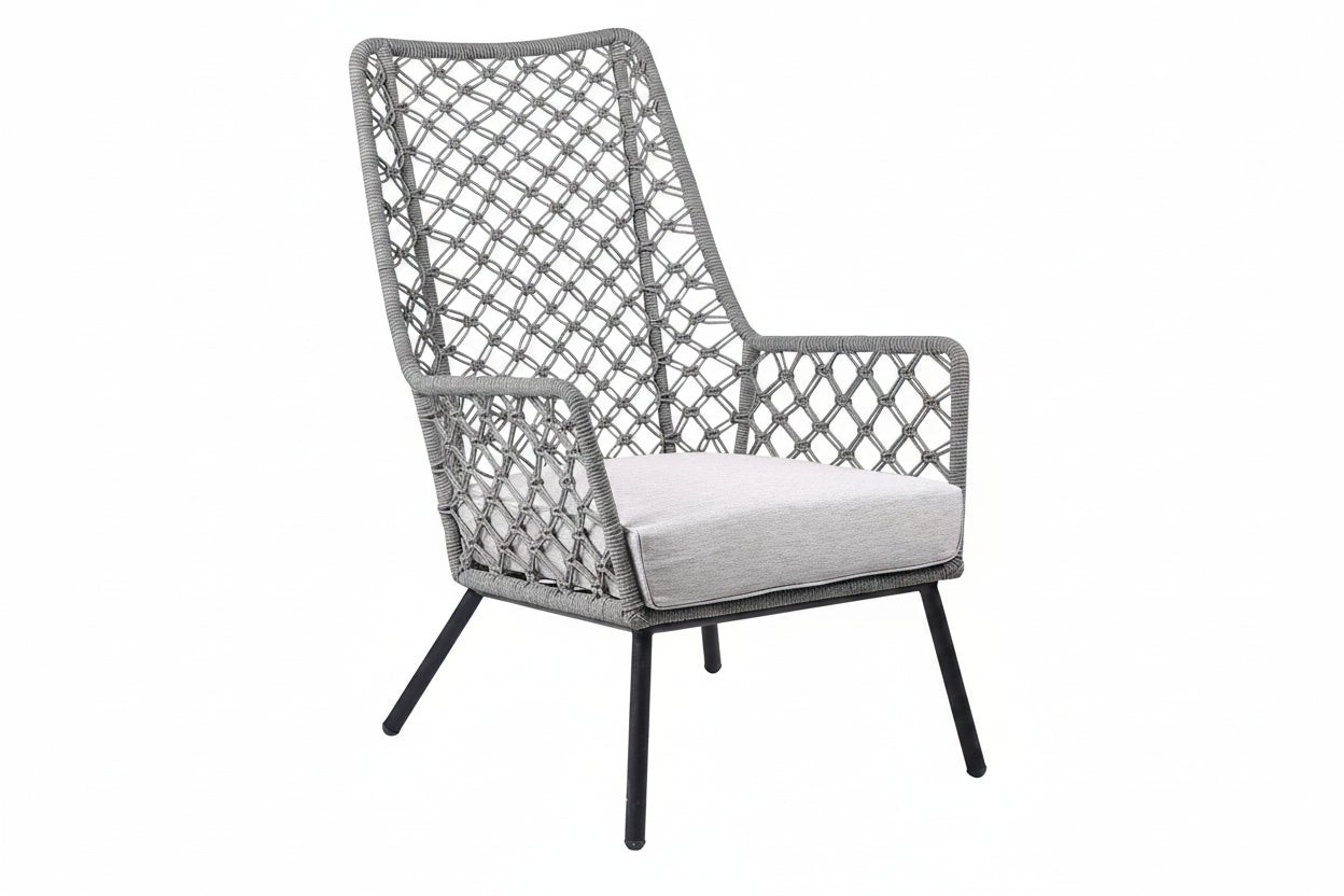 Gray lattice armchair with a white cushion on a white background