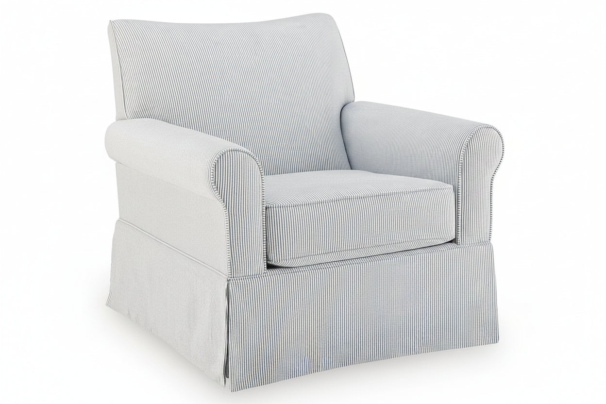 A light gray upholstered armchair with a skirted base and subtle vertical stripe texture, shown on a plain white background.