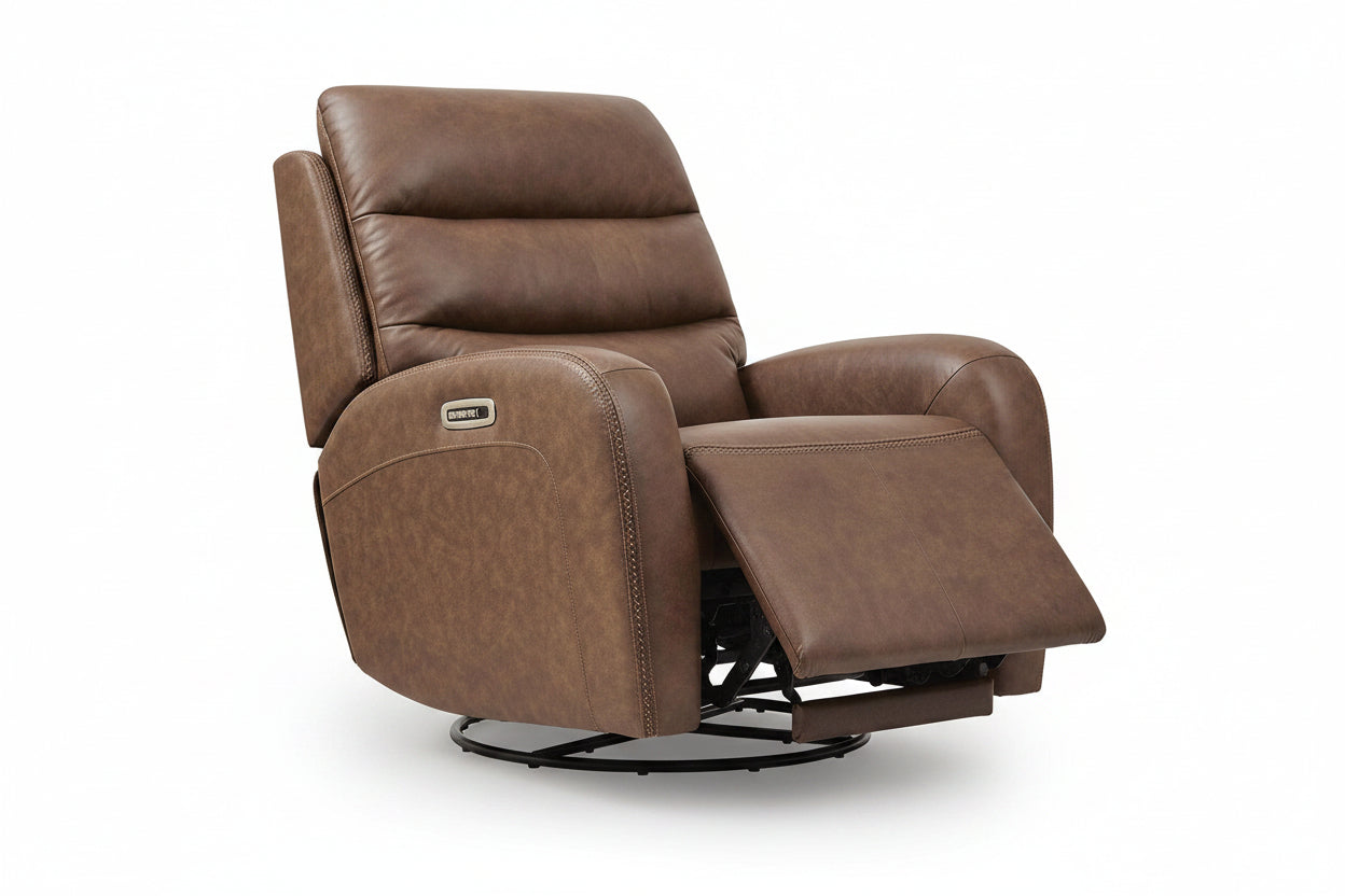 A brown faux leather recliner swivel chair with a circular black base, shown from a three-quarter angle on a white background.