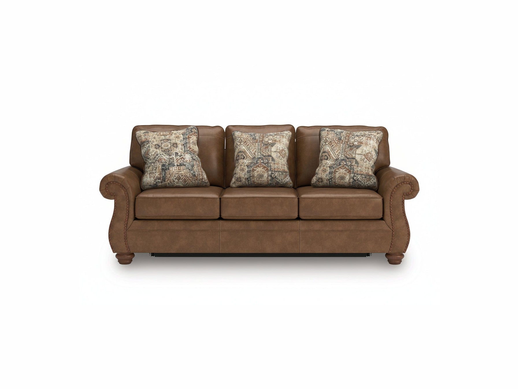 Brown leather sofa with patterned pillows on a white background