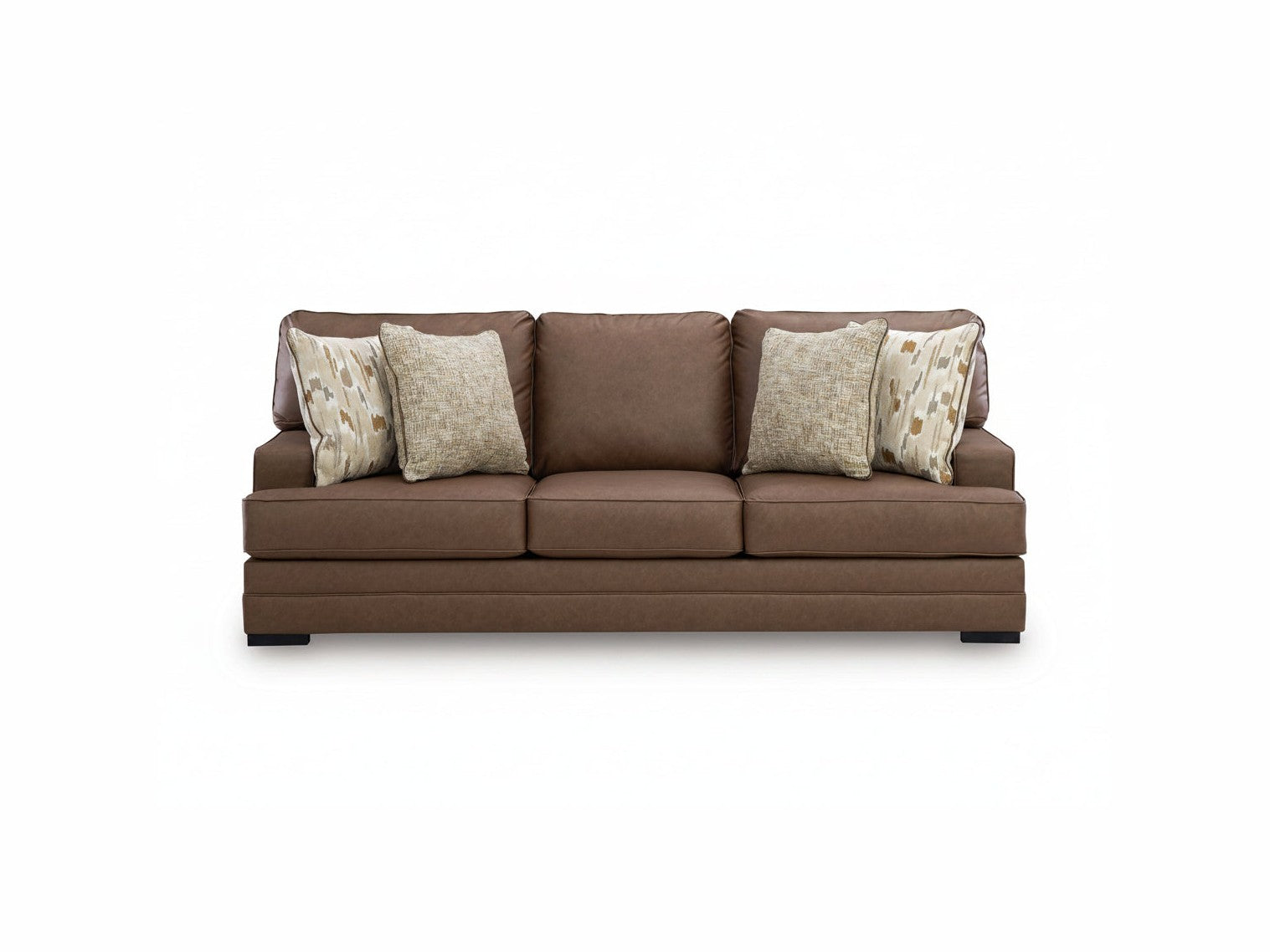 VillaCourt brown sofa with patterned cushions on a white background.