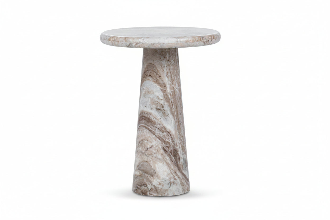 Marble-patterned side table on a white background