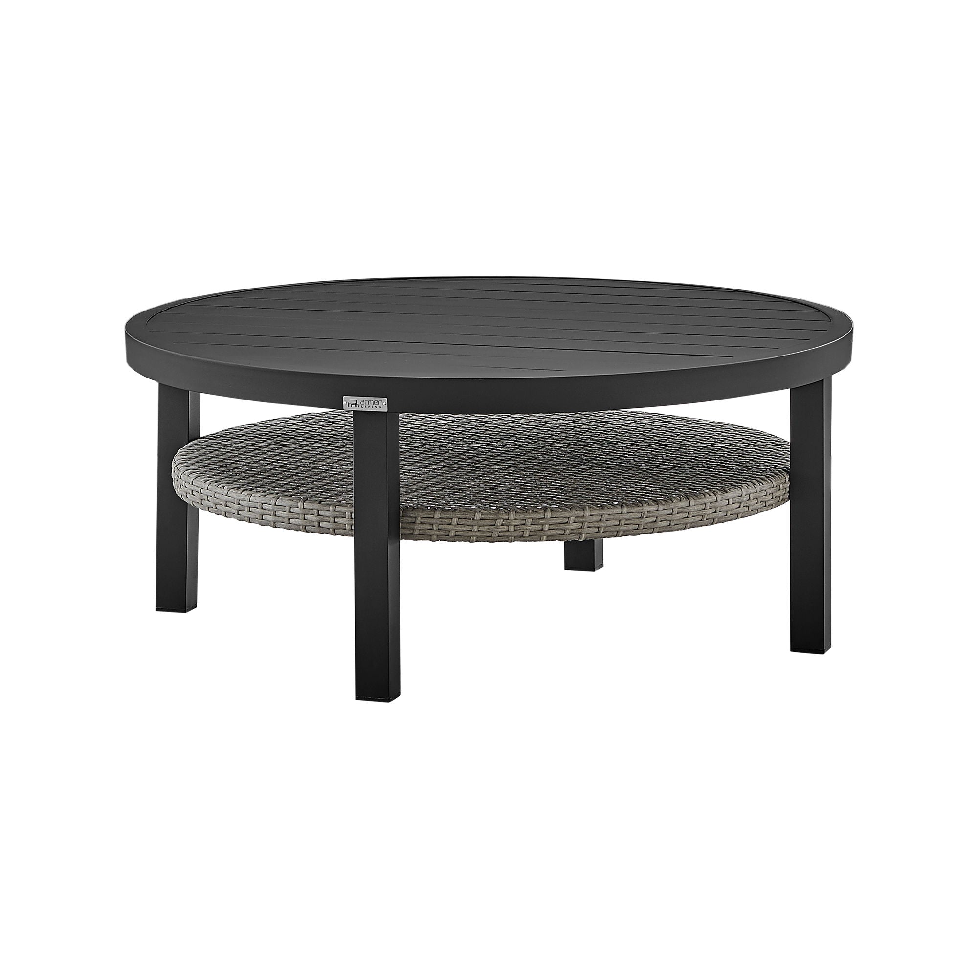 Aileen - Outdoor Patio Round Coffee Table - Black Aluminum With Gray Wicker Shelf
