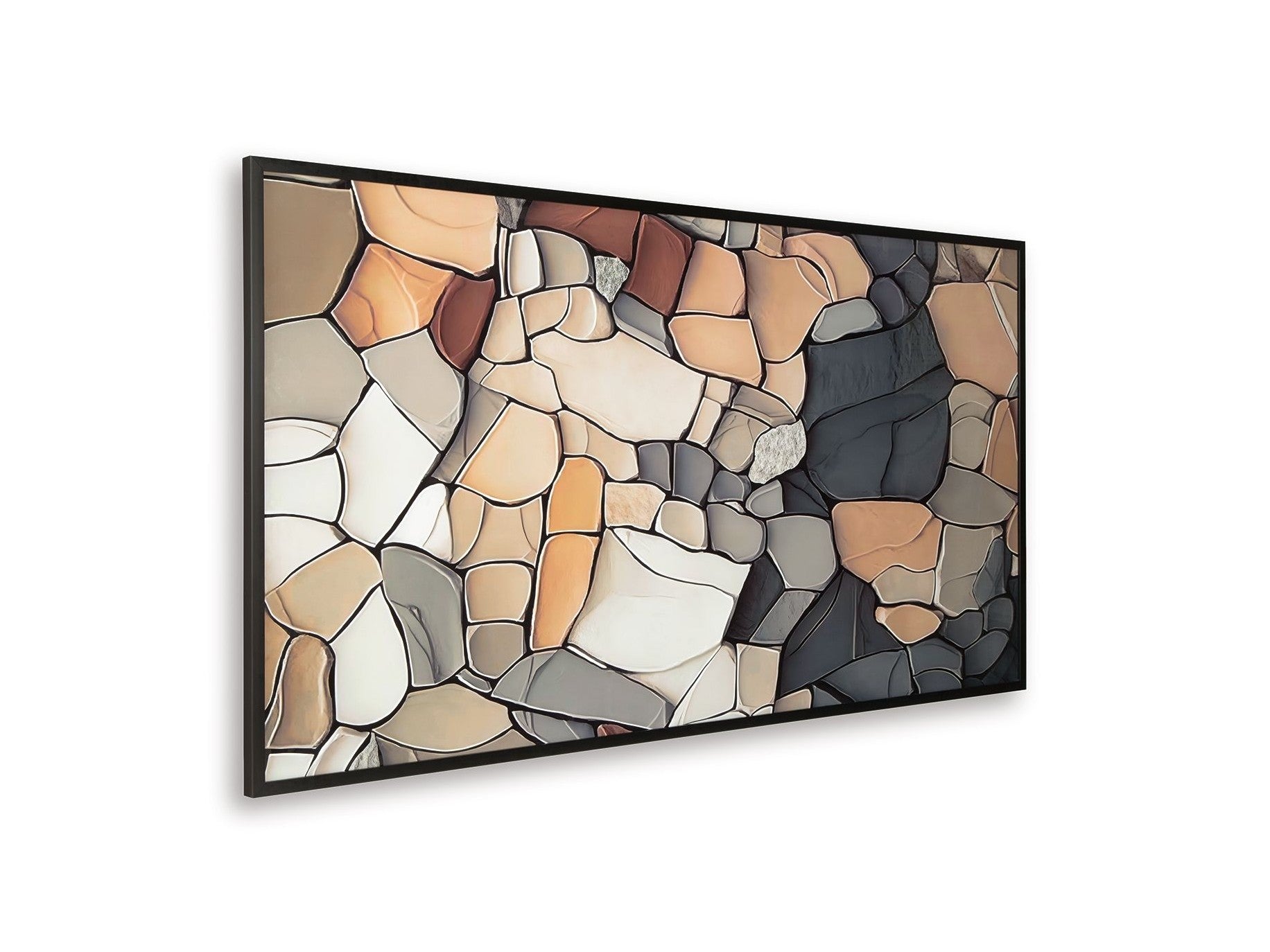Patteworth abstract art piece with a mosaic of multicolored stones in a black frame.