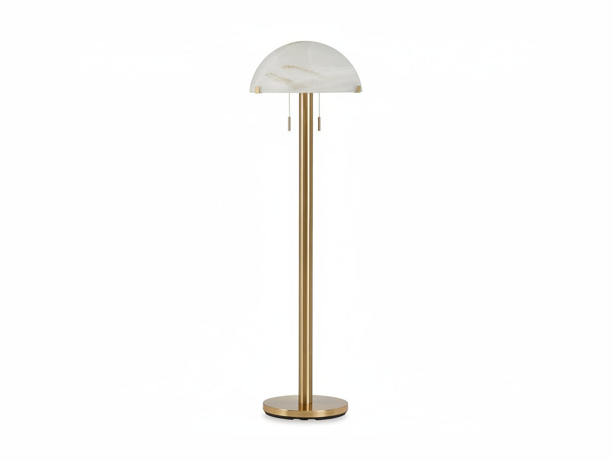 Tobbinsen floor lamp with marble shade and brass base on a white background.