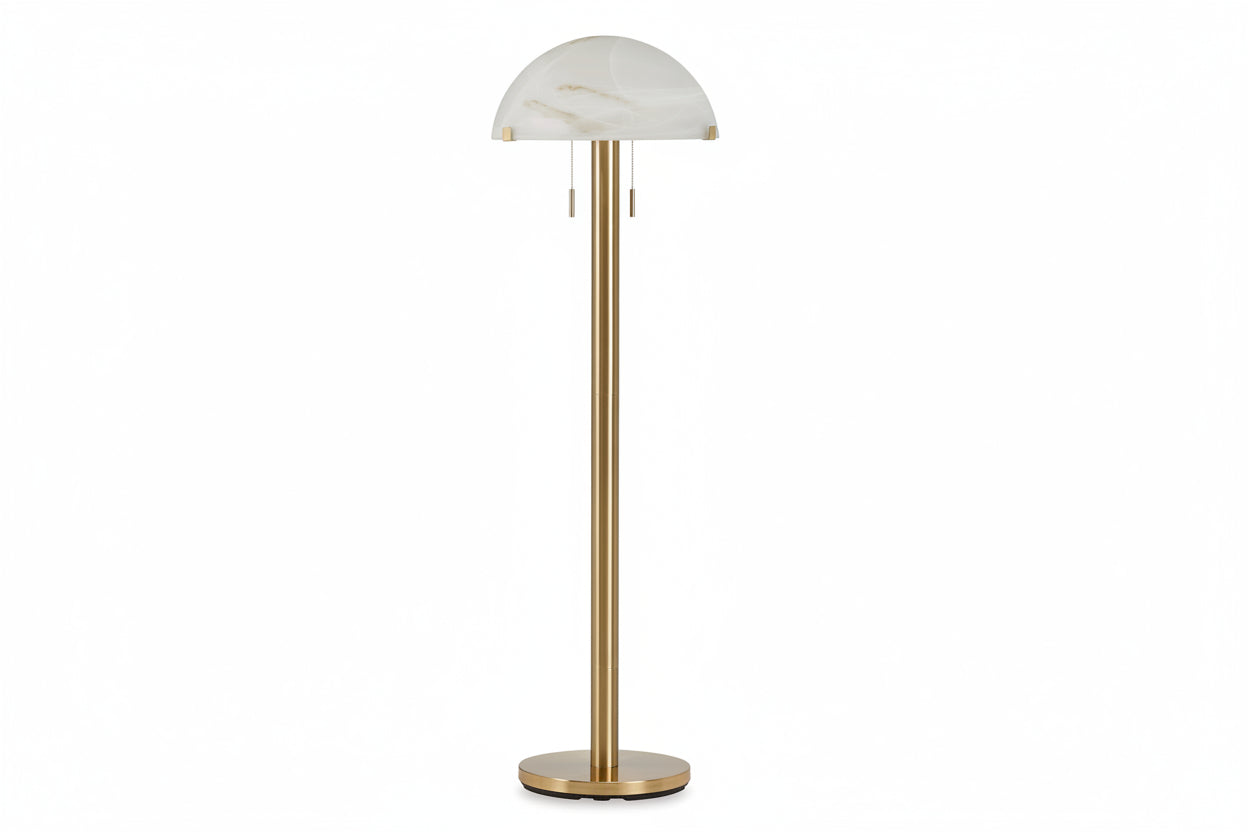 Tobbinsen floor lamp with marble shade and brass base on a white background.