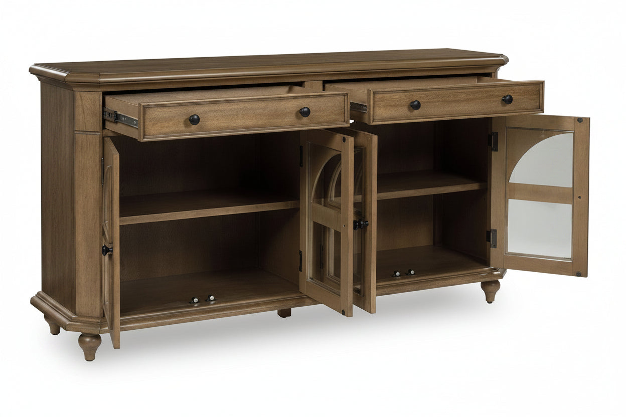 Wooden sideboard with open doors on a white background