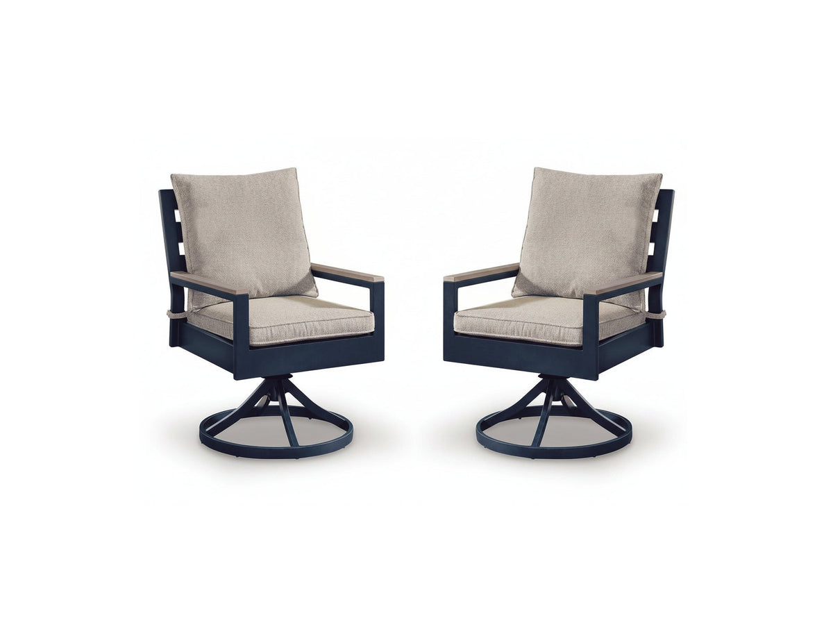 Two blue swivel chairs with beige cushions on a white background