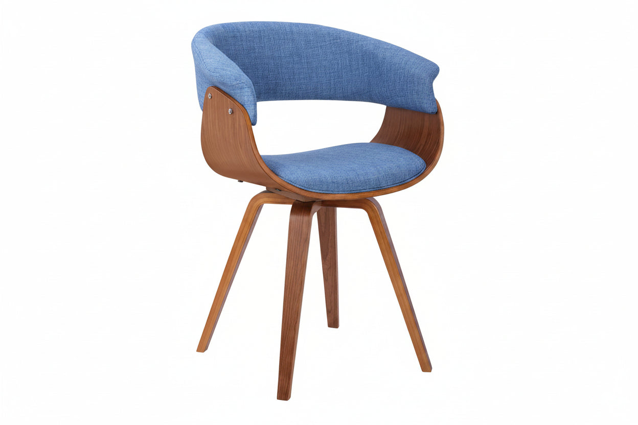 Chair with blue cushioned seat and backrest on a white background