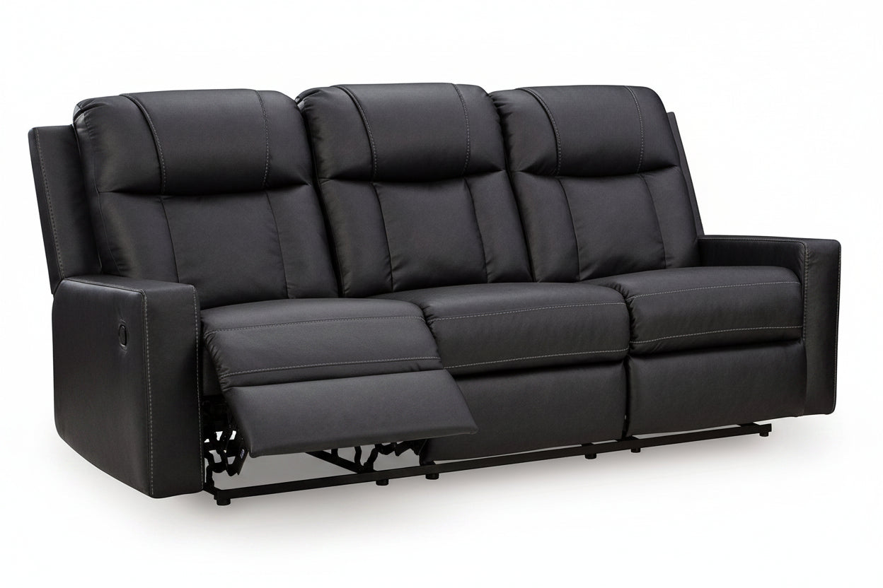 Mackmenville black leather recliner sofa on a white background.