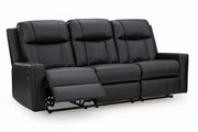 Mackmenville black leather recliner sofa on a white background.