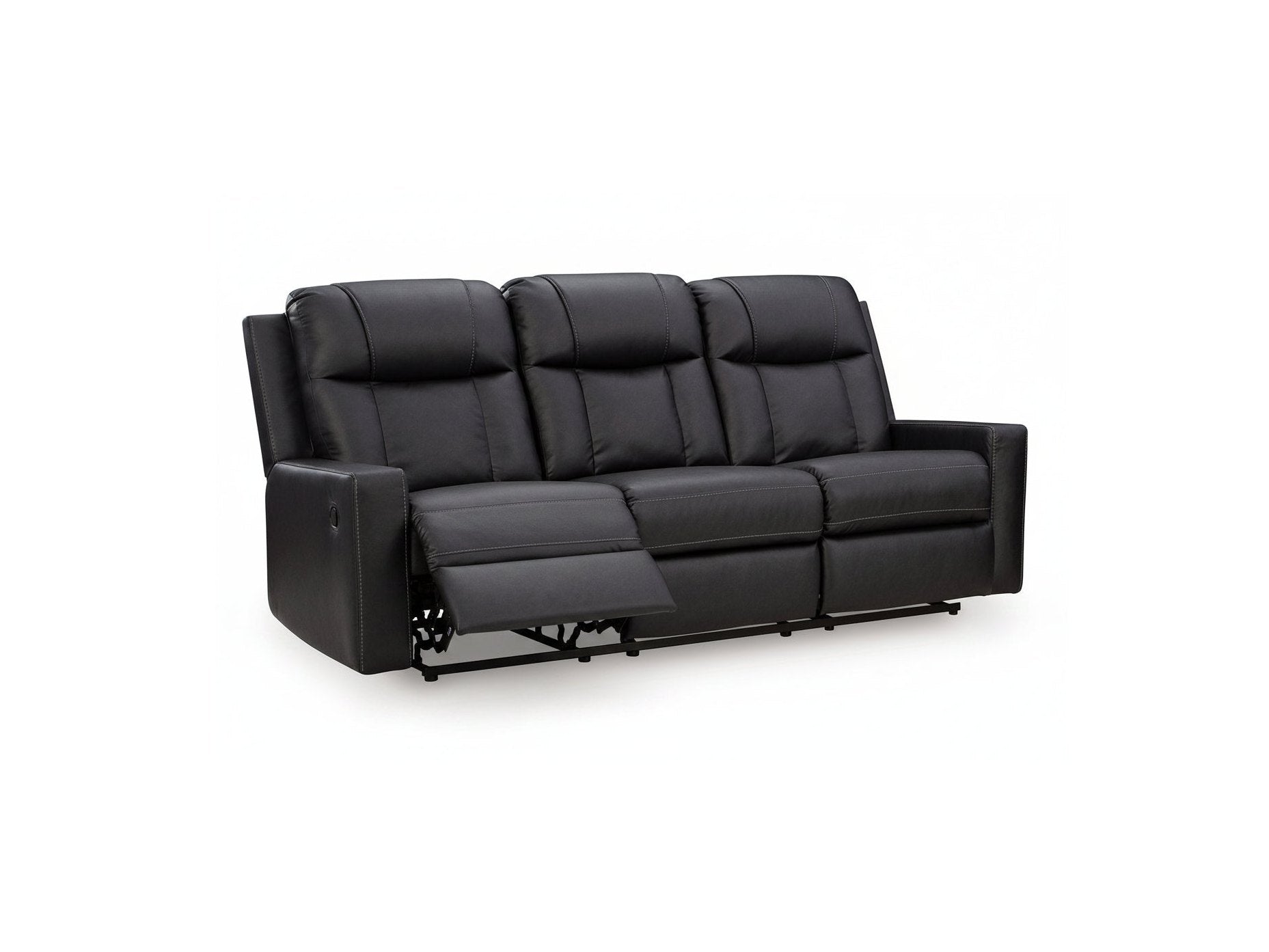 Mackmenville black leather recliner sofa on a white background.