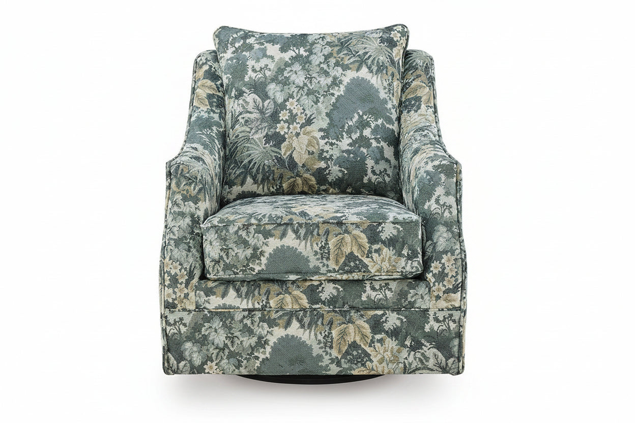 A classic upholstered armchair with a botanical floral pattern in muted green, beige, and gray tones, featuring a high backrest, wide armrests, and a swivel base.