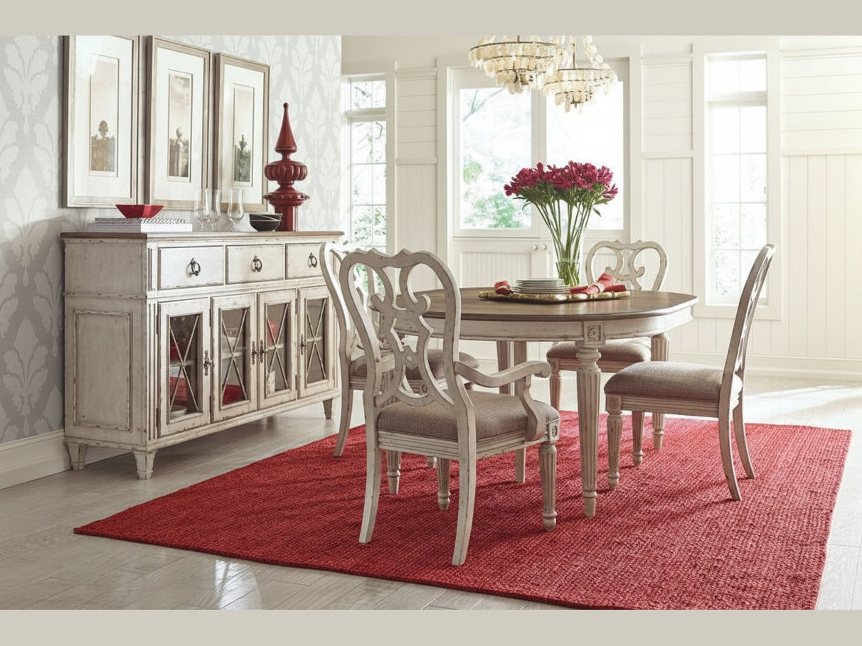 Southbury dining room set with round table, chairs, and a sideboard on a red rug.