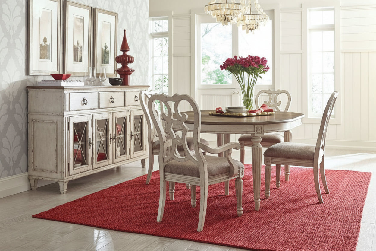 Southbury dining room set with round table, chairs, and a sideboard on a red rug.