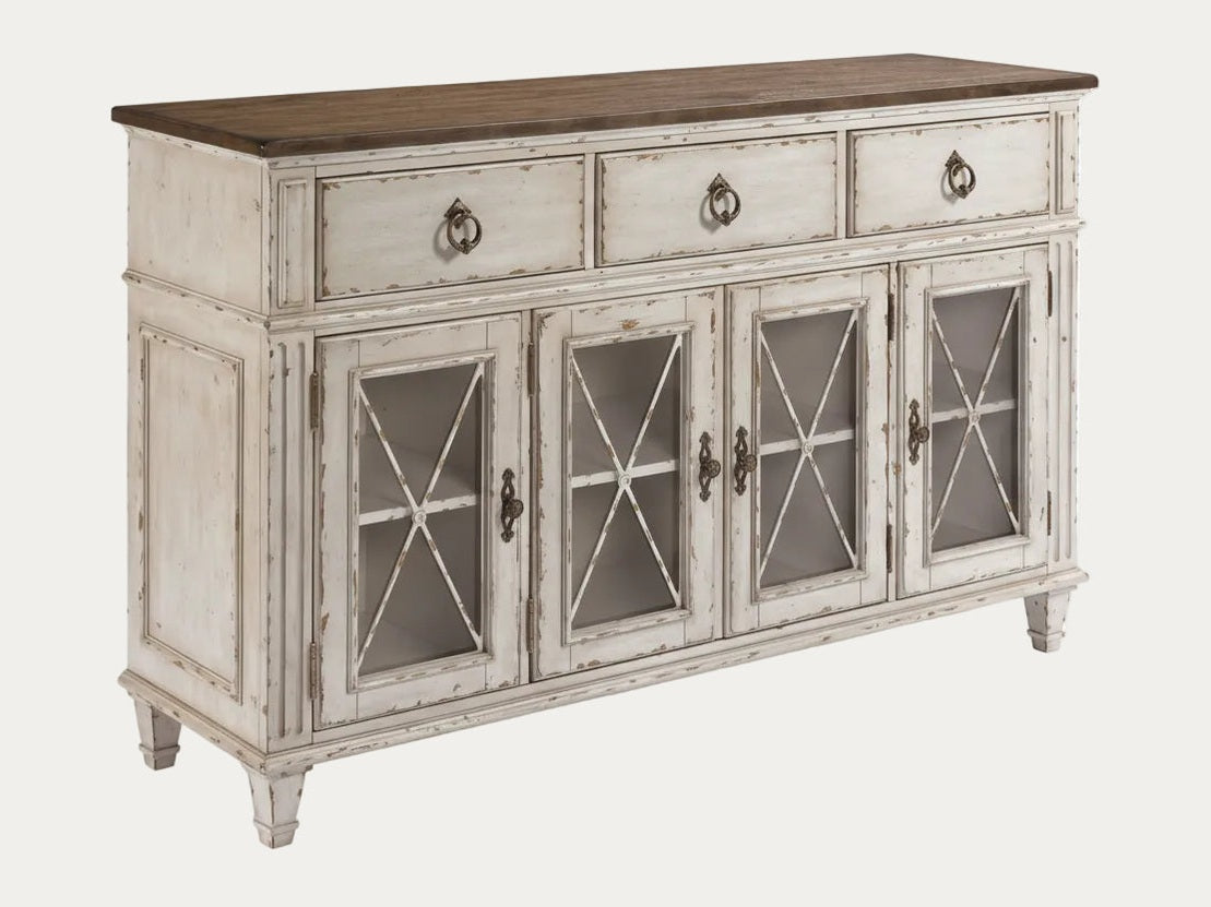 Southbury sideboard with glass doors and wooden top on a white background.