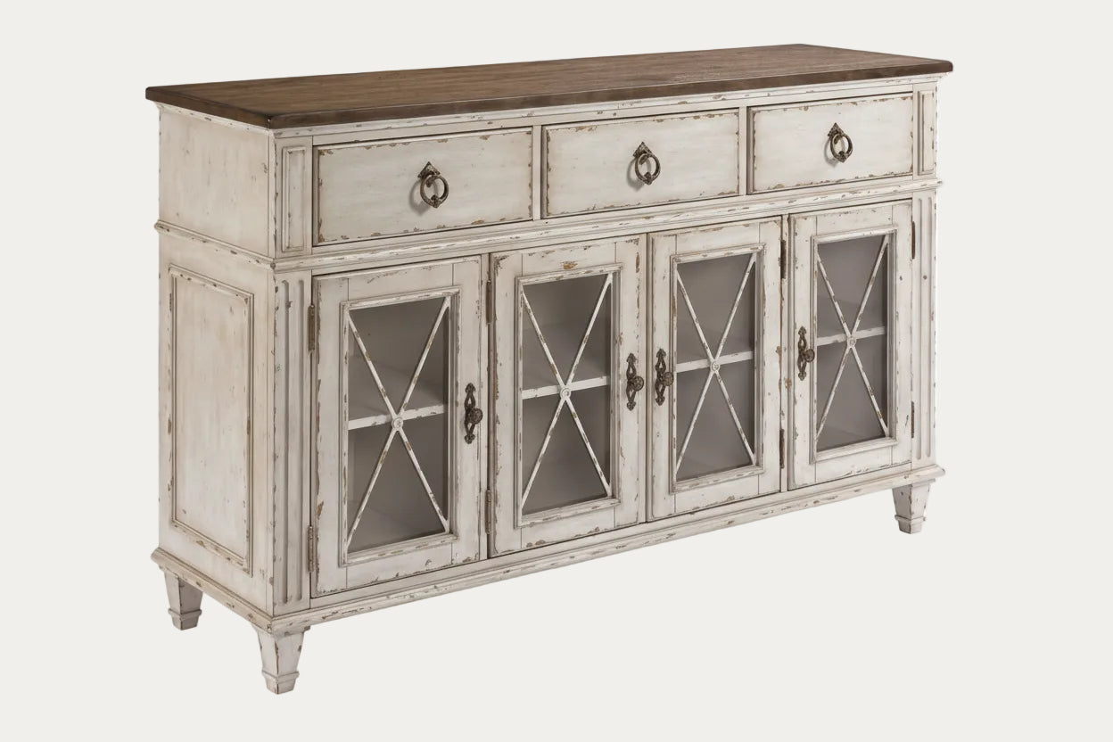 Southbury sideboard with glass doors and wooden top on a white background.