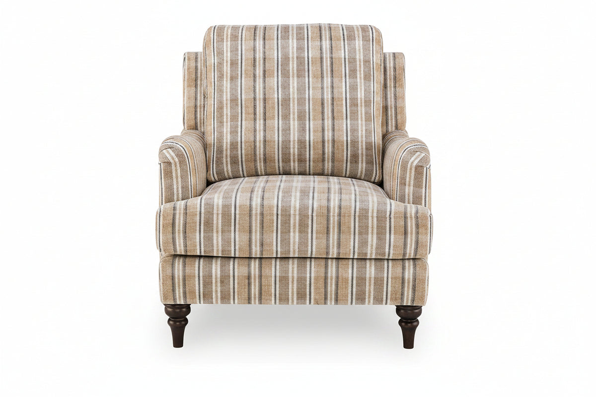 A classic upholstered armchair with a beige, brown, and white plaid pattern, featuring dark brown turned wooden legs, shown against a plain white background.