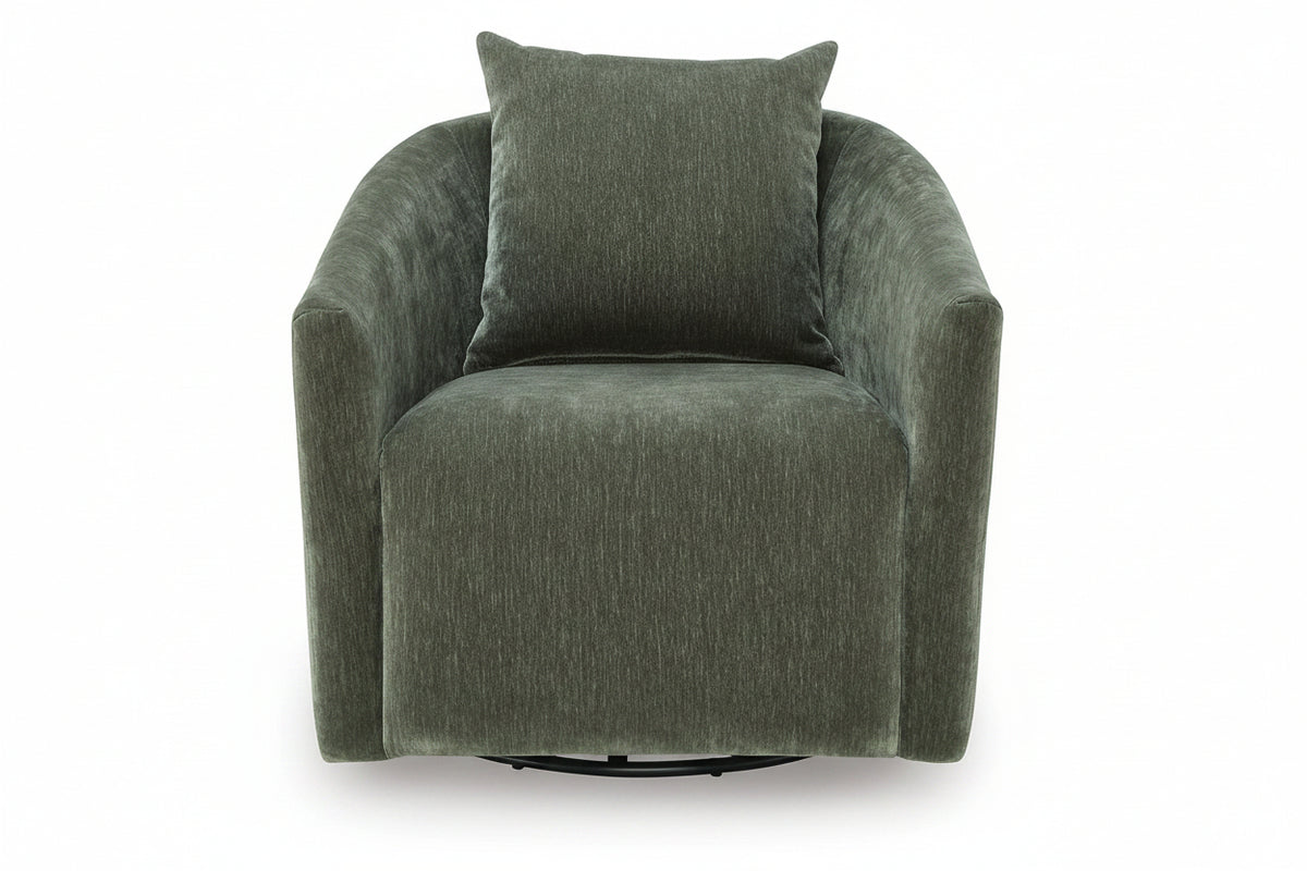 A dark green textured fabric swivel armchair with a matching throw pillow, shown against a plain white background.