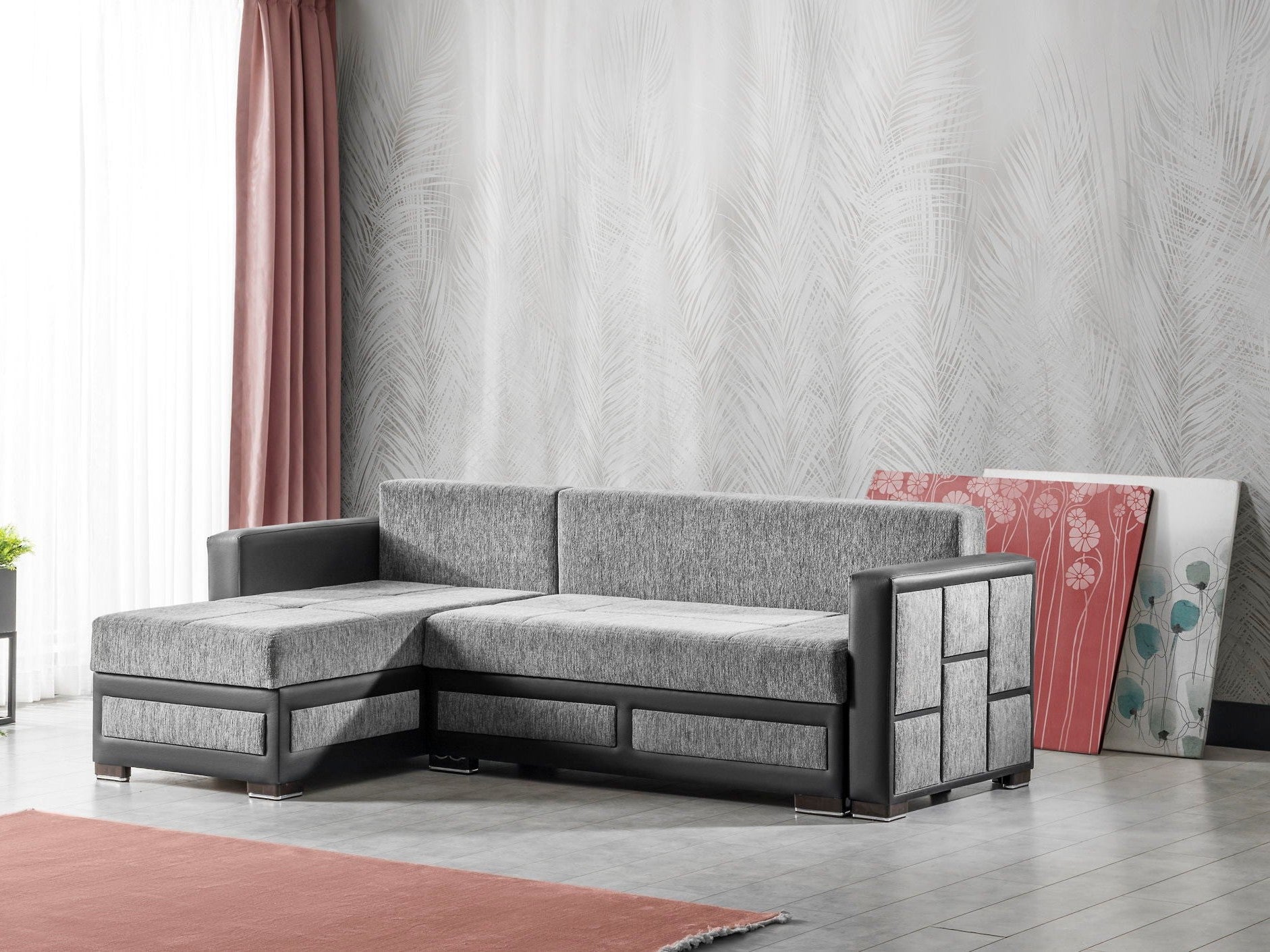 Ottomanson Loft - Upholstered Convertible Sectional with Storage - Gray