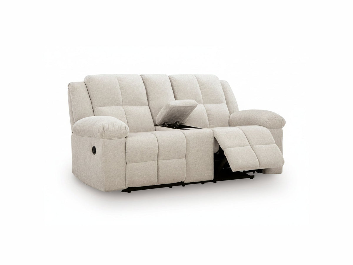 Orlen beige recliner sofa with cup holders on a white background.