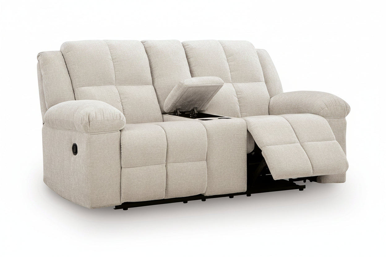 Orlen beige recliner sofa with cup holders on a white background.