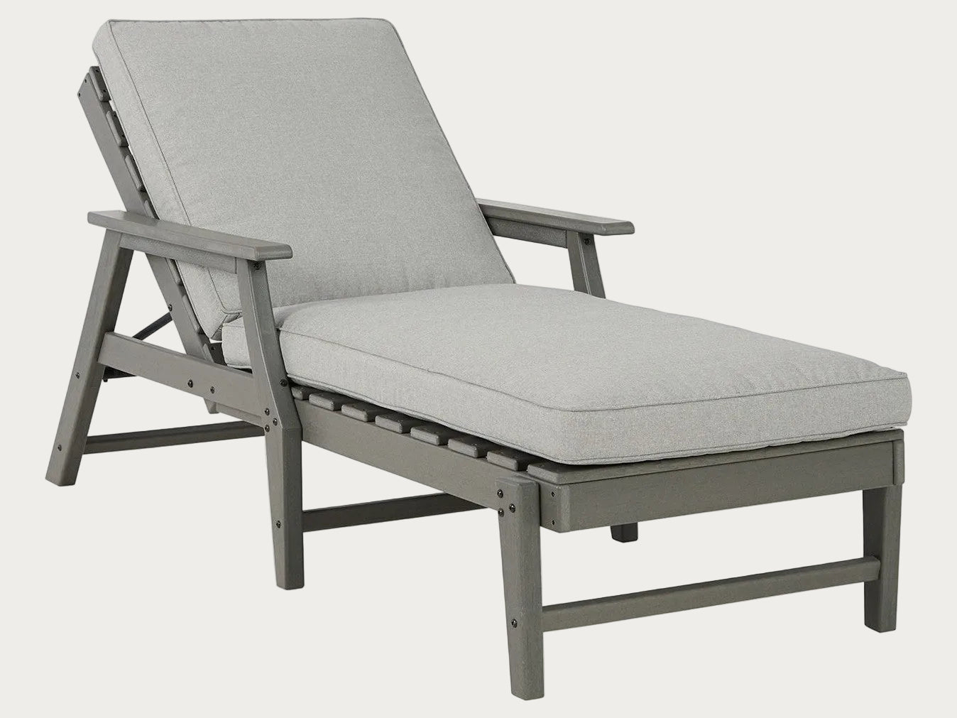 Visola gray outdoor lounge chair with light gray cushion on a white background.