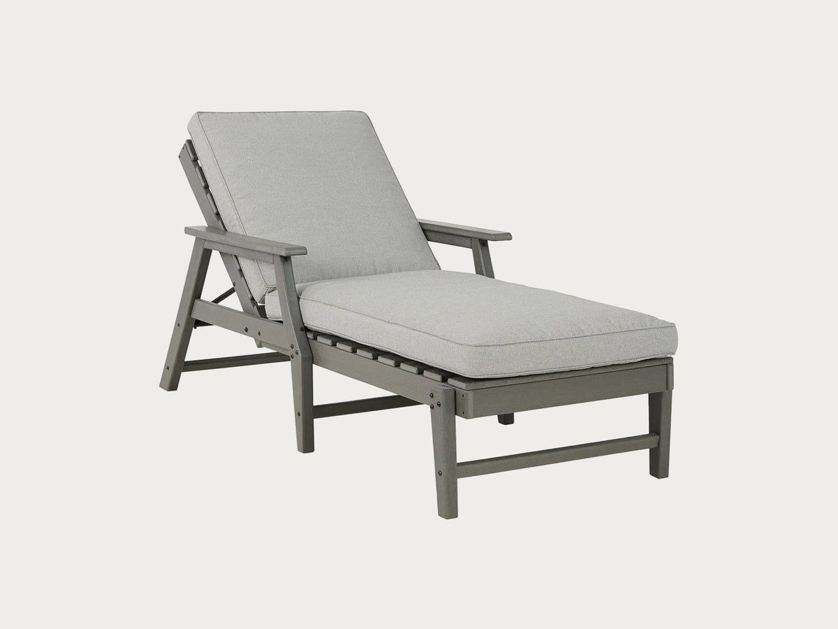 Visola gray outdoor lounge chair with light gray cushion on a white background.
