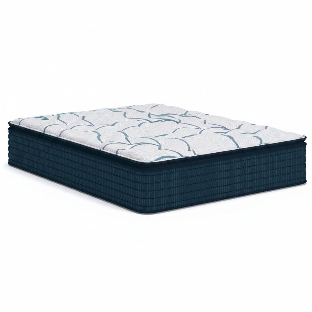 A high-profile mattress with a dark teal blue side panel and a white top surface featuring a light blue leaf pattern, shown on a plain white background.