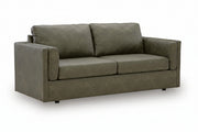 A two-seater loveseat sofa upholstered in textured olive green fabric, shown from a three-quarter angle against a white background.