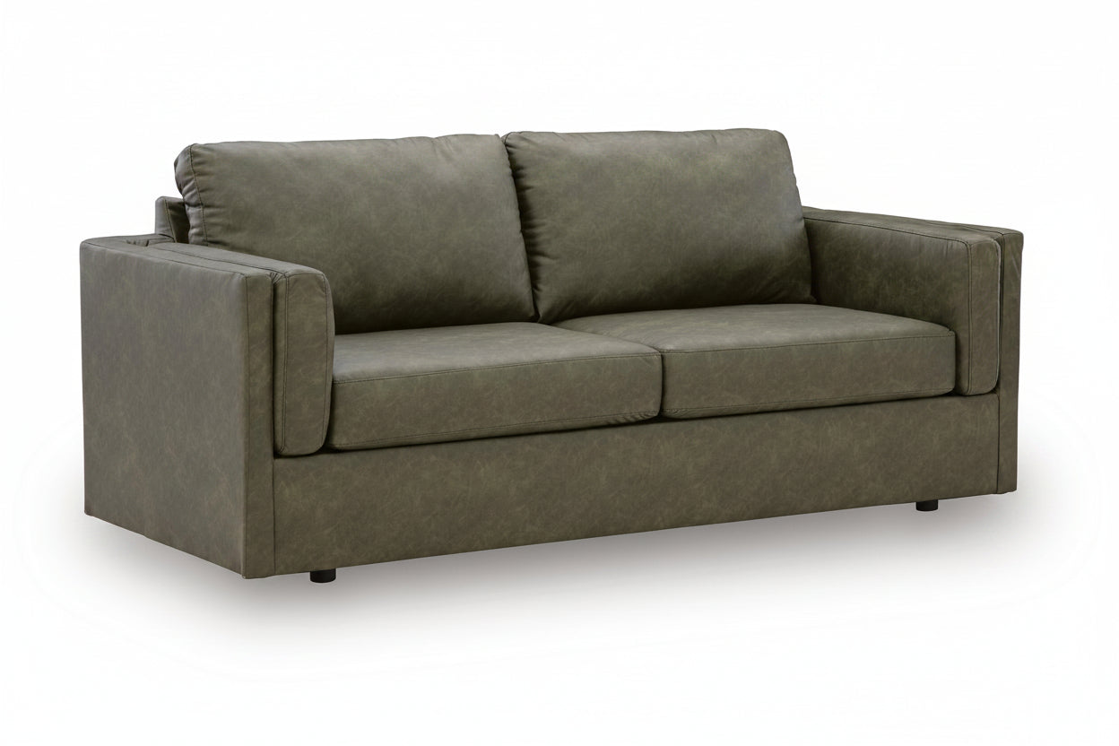 A two-seater loveseat sofa upholstered in textured olive green fabric, shown from a three-quarter angle against a white background.