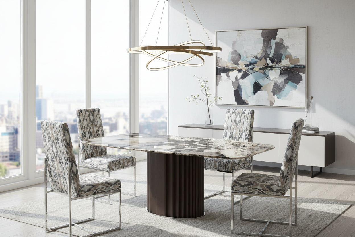 Dining table with a marble-like surface and four matching chairs on a gray background