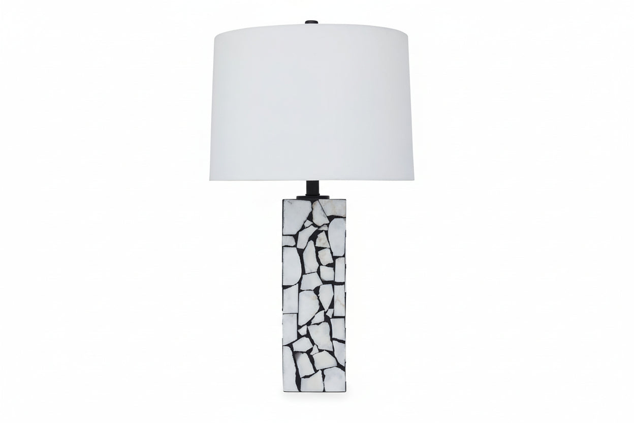 Macaria table lamp with a mosaic base and white shade on a white background