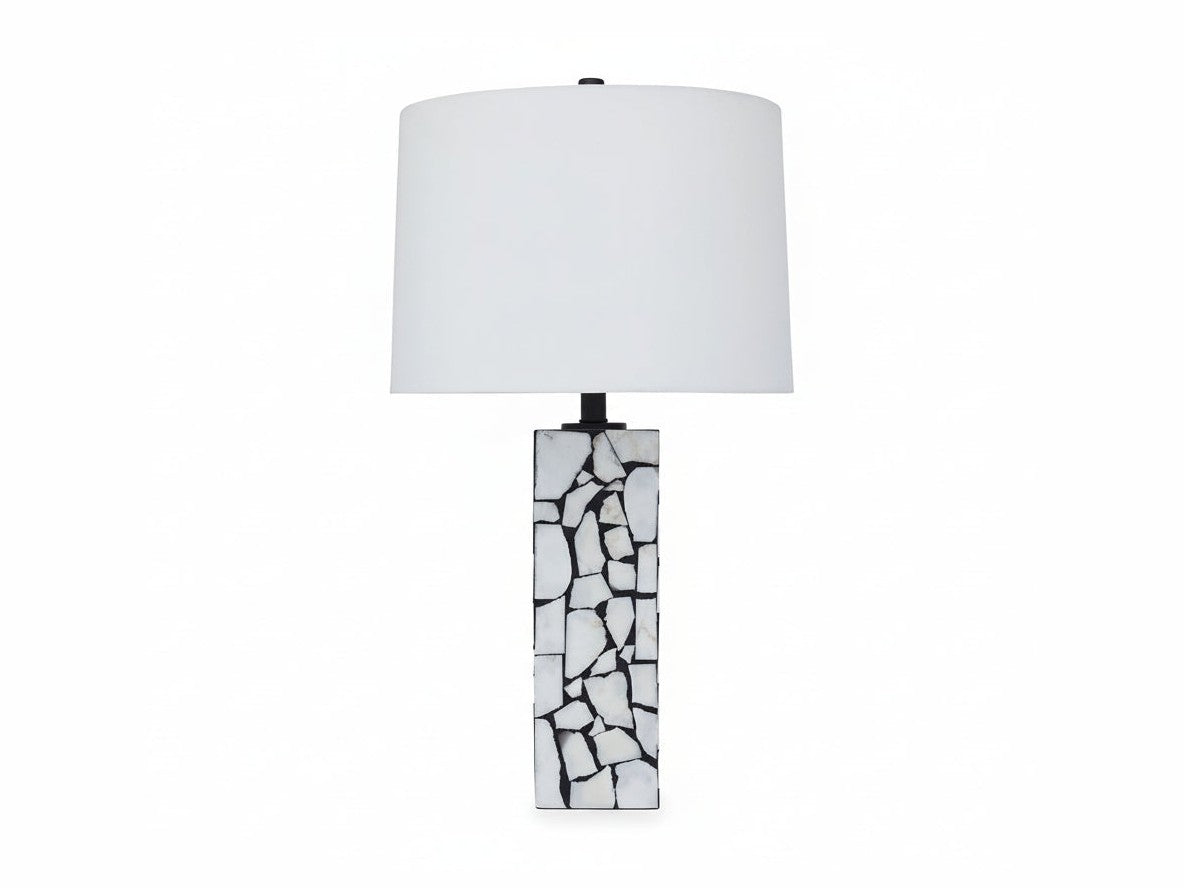 Macaria table lamp with a mosaic base and white shade on a white background
