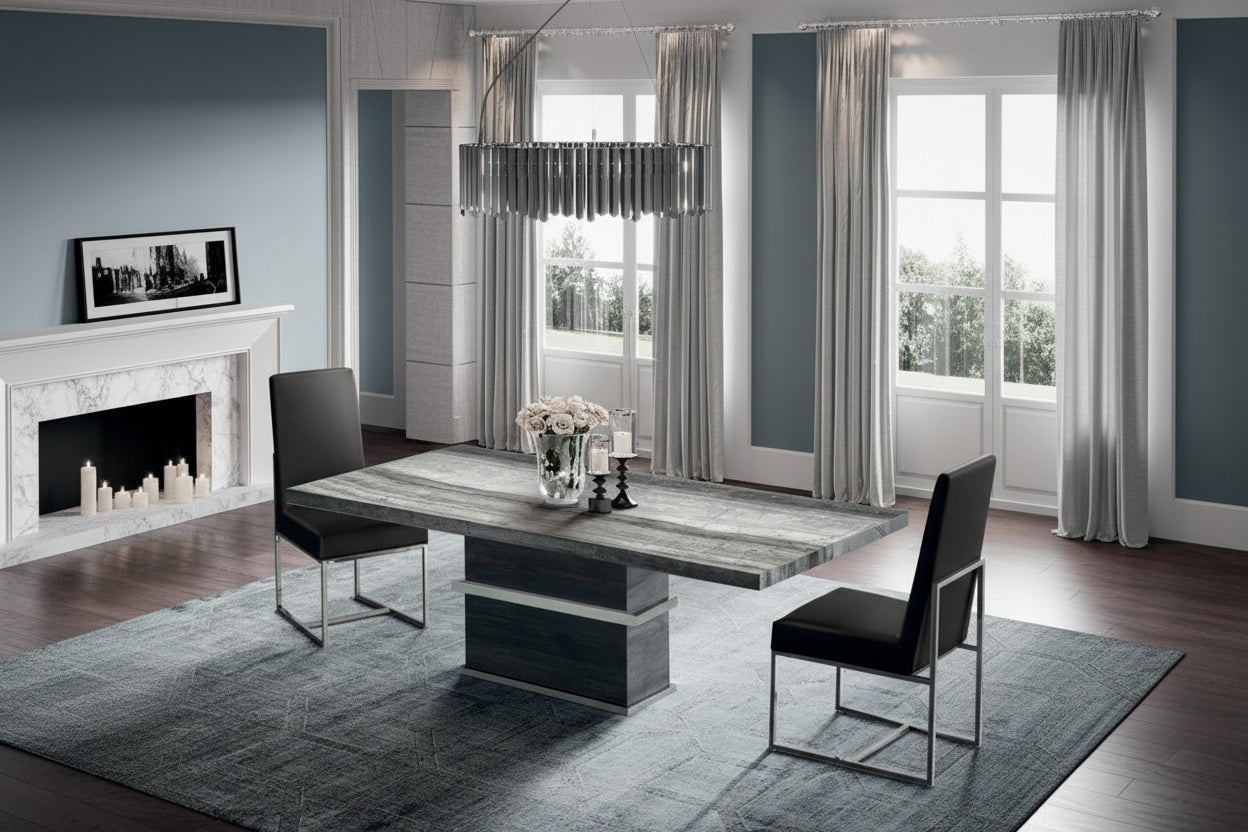 Saturn modern marble dining table and black chairs in a stylishly decorated room.
